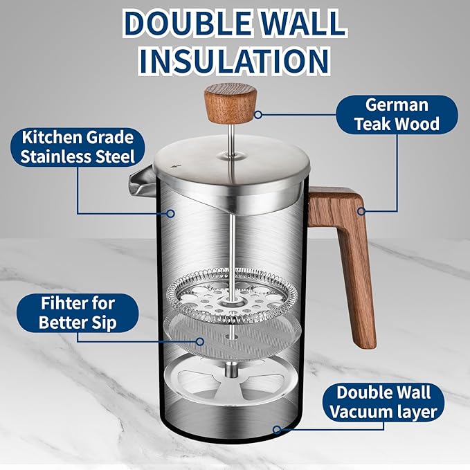 BERTILLE french press coffee maker, 34OZ 304 food stainless steel French press coffee maker with solid wood handle, double-layer insulation and 3-layer filtration system (silver)