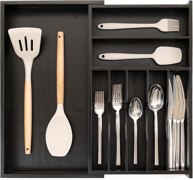 Premium Silverware, Flatware and Utensil Organizer for Kitchen Drawers, Food-Safe Contract Grade, Expandable from 10.5 to 19 In, Black Bamboo