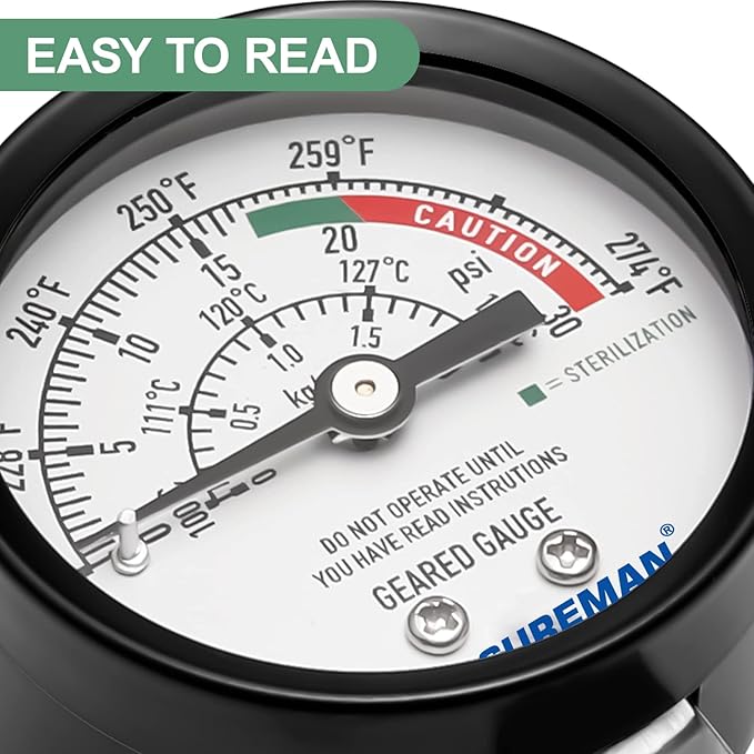 MEASUREMAN Black Steel Pressure Cooker Gauge, Pressure Canner Gauge, Steam Pressure Gauge, 2" Dial, Lower Mount, Including Hexagon Gasket and Nut