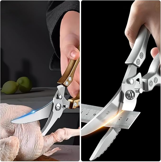 Poultry Shears Heavy Duty Professional, Multipurpose Kitchen Shears with Sheath, Spring-Loaded Stainless Steel Chef Scissors Cutting Bone, Chicken, Fish, Food, Meat, Full Steel Handle Brown