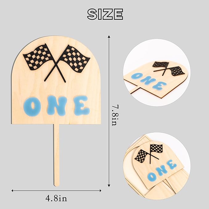 Race Car One Cake Topper - Racing Theme Wooden Cake Topper, Fast One Birthday Decoration for First Birthday Party, Anniversary, Smash Cake, Baby Photo Booth Props...