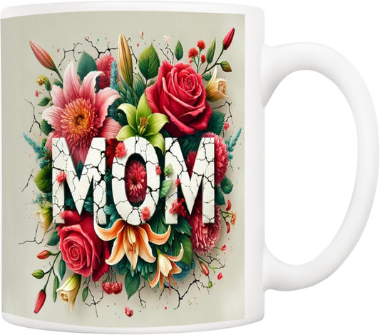 5Aup Mother's Day Mom Coffee Mug Gifts, Heartwarming 11 Ounce White Ceramic Cup, Love & Mom Themed with Floral Accents