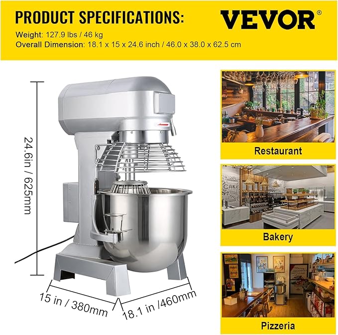 Happybuy 10Qt Commercial Food Mixer with Timing Function， Commercial Mixer 500W Stainless Steel Bowl Heavy Duty Electric Food Mixer Commercial with 3 Speeds Adjustable, Perfect for Bakery Pizzeria