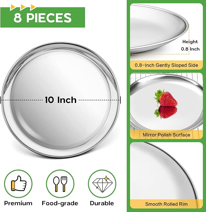 P&P CHEF 10 Inch Pizza Pan, Stainless Steel Round Pizza Tray Baking Pans, Pizzas Plate Serving Tray for Cookie Meat, Oven & Dishwasher Safe & Easy Cleaning, (Mirror Finish) - 8 Pieces