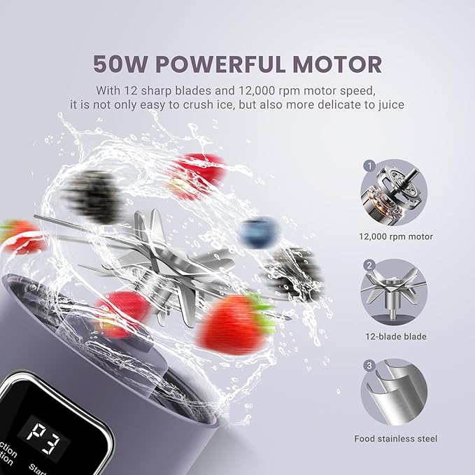 Portable Personal Electric USB Juicer，500ML Mini Blender Portable Blender For Shakes and Smoothies juice，12 Blades Great for Mixing，Compact、Convenient and Versatile (Purple)