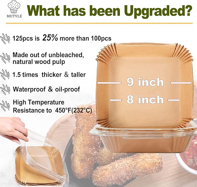 Large Air Fryer Disposable Paper Liners Square 9 Inch, 125 Pcs Parchment paper liner for 5-8QT Air fryer, Oil-proof, Water-proof, Parchment Baking Paper for Baking Roasting Microwave