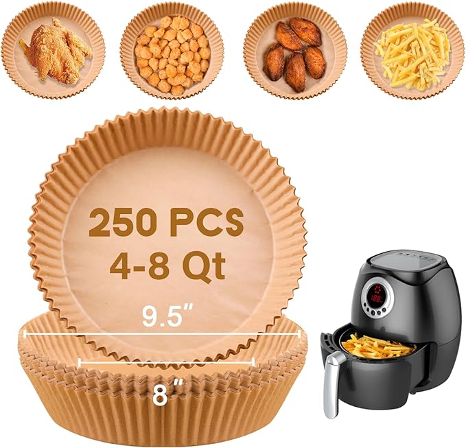 Disposable Paper Liner Round 250 Pcs for 4 to 8 Qt Air Fryer Baskets, Non-stick Oil-proof Parchment Liner Cooking Paper