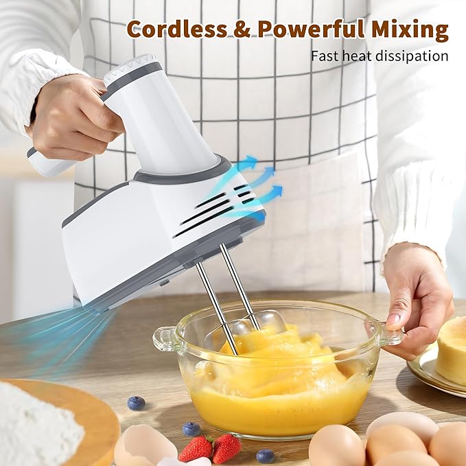 Cordless Electric Hand Mixer: 12 Speeds Powerful Handheld Mixer with 6 Stainless Steel Attachments (2 Beaters, 2 Dough Hooks, 2 Whisks), Snap-On Storage Case & Eject Button (White)