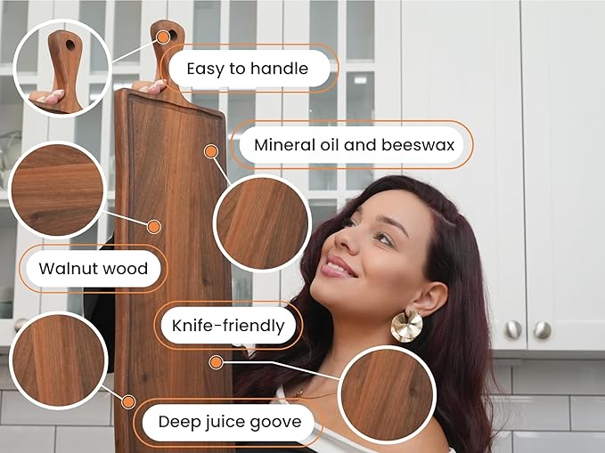 Elegant Walnut Wood Long Serving Board with Handle - Charcuterie Wooden Board - Stylish Versatility for Culinary Delights - Reversible with Juice Groove - 35.4x6.7x0.8 in - Woodie Poppins (Large)