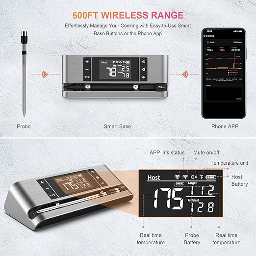 Wireless Smart Meat Thermometer with Dual-Sensor Probe, 500FT Remote Monitoring, Dedicated App, Real-Time Ambient and Food Temperature Tracking for Precise Cooking Control