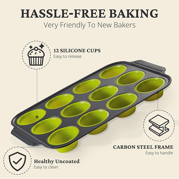 BRONYPRO Silicone Muffin Pans for Baking with Metal Frame, Egg Bite Maker Silicone Molds, Cupcake Pans 12 Regular Size, Muffin Tins Easy to Pop Nonstick Non Toxic Bakeware for Oven, Lime Green