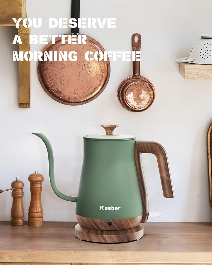 Gooseneck Electric Kettle, Electric Tea Kettle Stainless Steel, Pour over kettle for Coffee, 1000W Hot Water Kettle Electric Auto Shut Off, 0.8L, Wood-like Grain Finish Handle, Matcha Green