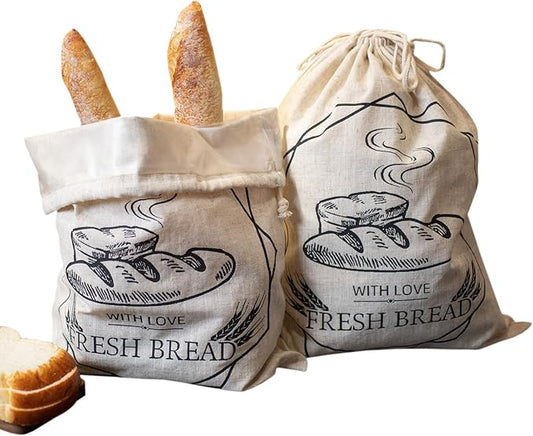 Bread Bags for Homemade Bread,2 Pack Large Sourdough cookies Bags,reusable Linen muffins bag,cloth loaves container for kitchen fresh loaf Storage,with Drawstring Lining Homemade food storage bags