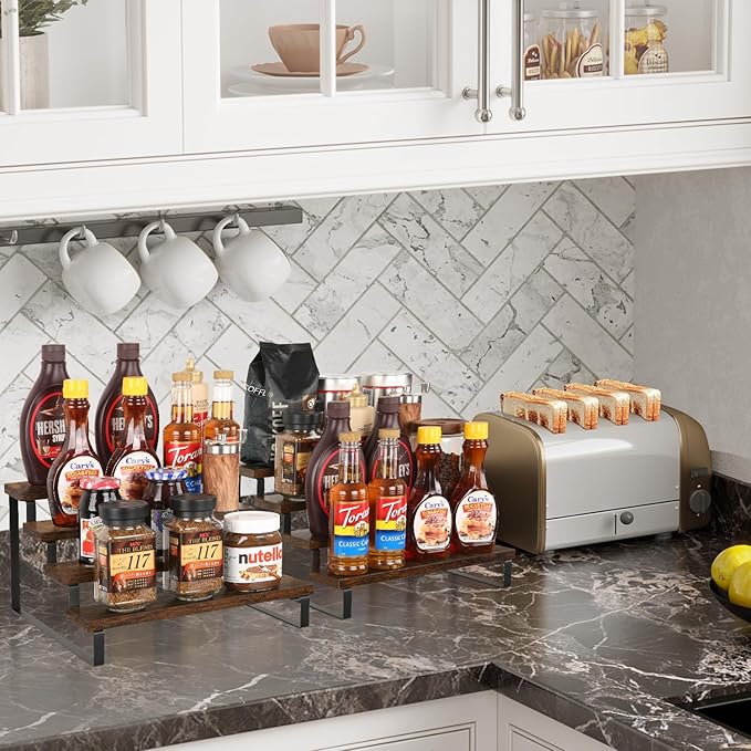 YINMIT Wooden Display Riser Stand, Tiered Perfume and Cologne Organizer Stand, 4 Tier Spice Rack Organizer, Rustic Display Shelf for Candles (4 Tier, 2 Pack)