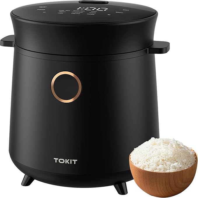 TOKIT Rice Cooker 3 Cup Uncooked/6 Cup Cooked, Nonstick Inner Pot Ceramic Rice Cooker Small,24H Timer Delay & Keep Warm, Portable 9 Preset Functions for Brown Rice, Steam, Soup, Black