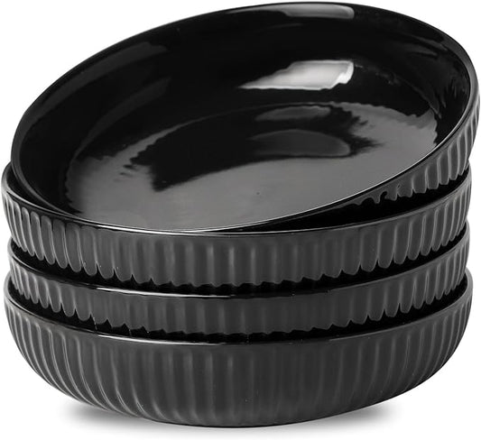 Hasense Pasta Bowls Set of 4, 30 oz Porcelain Dinner Bowls, Salad Bowls for Kitchen, Wide and Shallow Plates, Ideal Home Decor for Mother's Day Present, Microwave & Dishwasher, Oven Safe, Black