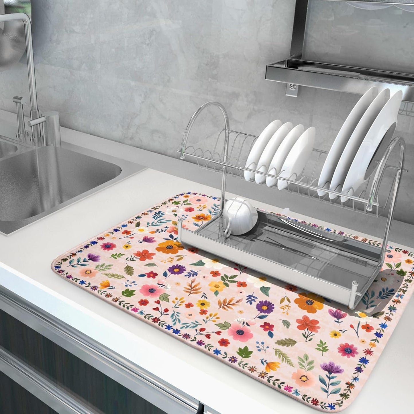 Spring Flowers Dish Drying Mat - Summer Pink Floral Washable Decorative Drying Pad for Women Home Kitchen Decor