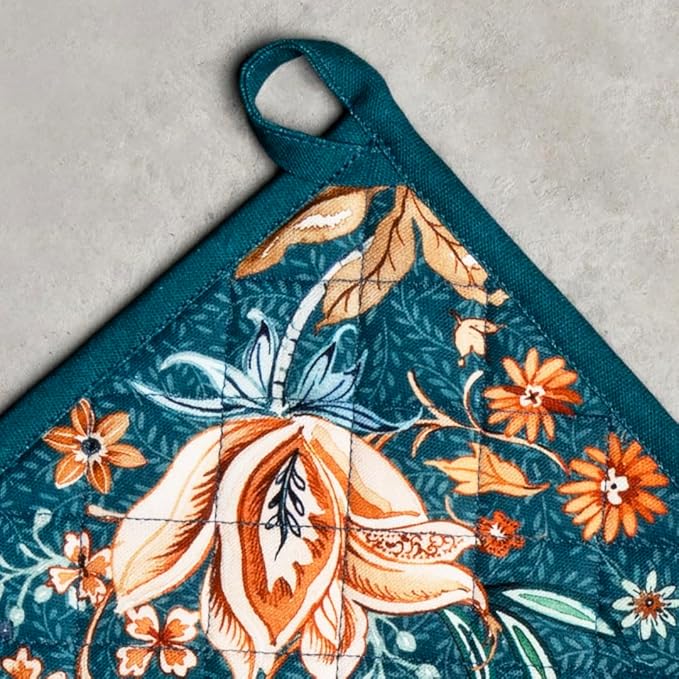 Maison d' Hermine Pot Holders 100% Cotton Heat Resistant Potholders 8" x 8" Hot Pads with Loop BBQ, Cooking, Baking, Grilling, Kitchen, Handling Hot Pans (Pack of 1, Luxury Loft-Dark Teal)