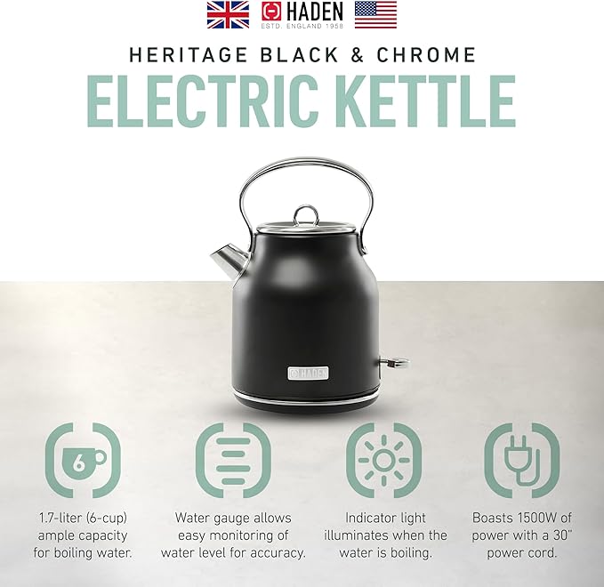 HADEN Heritage 1.7 Liter Stainless Steel Electric Kettle, Hot Water Kettle with 360-Degree Base and Auto Shutoff, Black & Chrome