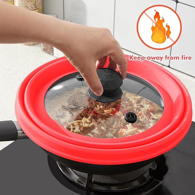 Microwave Splatter Cover Vented Glass Splatter Guard Lid with Collapsible Silicone for Food as Pot Cover Plate 10.8 inch for 6 7 8 9 10 inch Plate Bowl Red