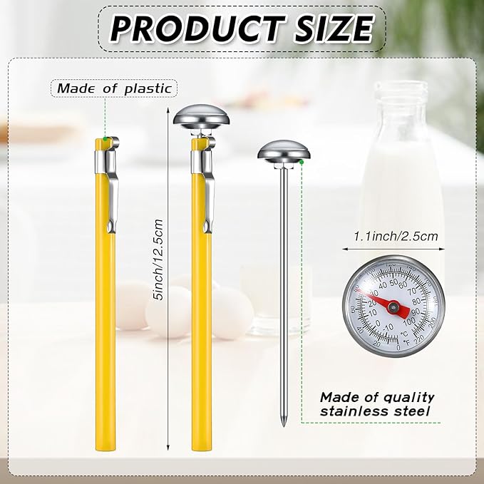 Xuhal 6 Pcs Stainless Steel Kitchen Thermometer with 5 Inch Long Stem 1 Inch Dial Thermometer Milk Frothing Food for Oven Probe Meat Grill BBQ Cooking Chocolate Water(Yellow)
