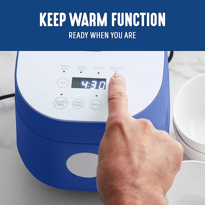GreenLife Digital Rice Cooker, 2-Cups Uncooked/4-Cups Cooked, Removable Nonstick Ceramic PFAS-Free Pot, One-Touch Presets, Oats, Quinoa, Brown Rice, Auto Keep Warm, Fuzzy Logic Tech, 1.5 QT, Navy Blue