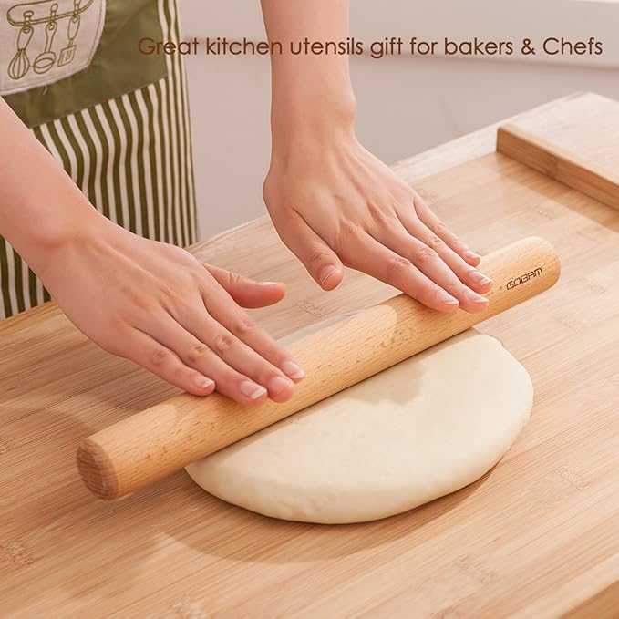 GOBAM Wood Rolling Pin, Small - Dough Roller for Pasta, Cookies, Pie, Pizza, Chapati, Fondant, Rolling Pins for Baking, Bread Making Tools and Supplies - 11 x 1.38 Inches