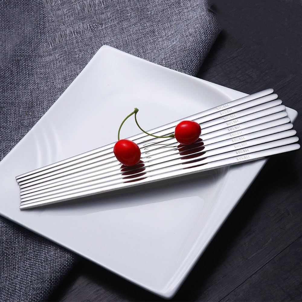 Buyer Star 5 Pairs Silver Flat Chopsticks - Reusable Metal Stainless Steel Chinese Chopsticks Set with Case