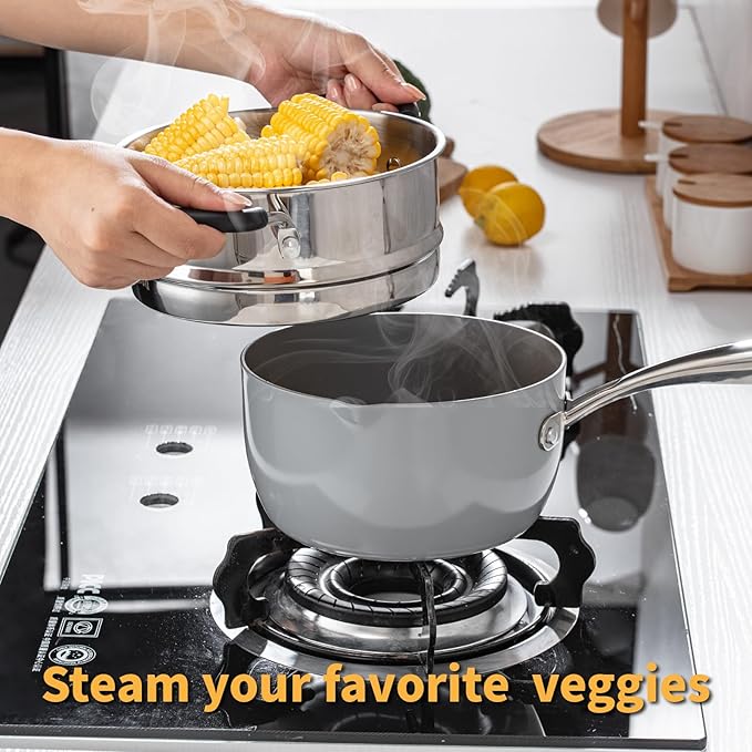 Ceramic Nonstick Tri-Ply Stainless Steel Sauce Pan with Steamer,2.5 Quart Small Multipurpose Pot with Pour Spout,Strainer Glass Lid, 2qt Saucepan for Cooking with Stay-cool Handle,Grey