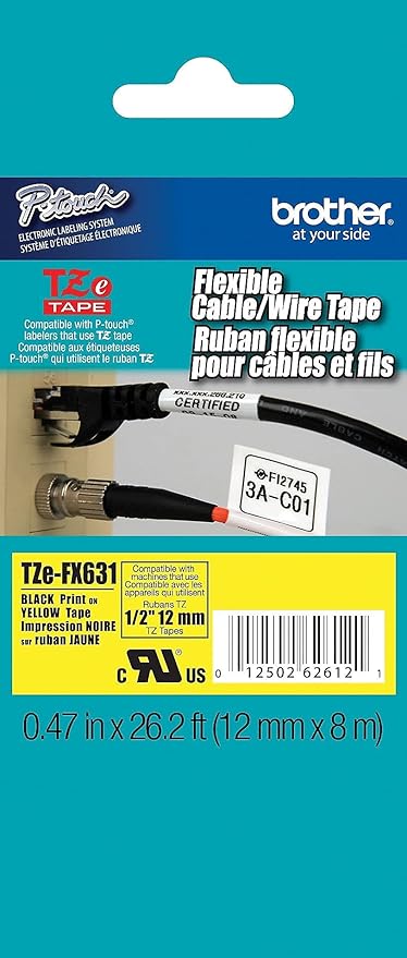 Brother Laminated Flexible ID Black on Yellow 1/2 Inch Tape - Retail Packaging (TZeFX631) - Retail Packaging