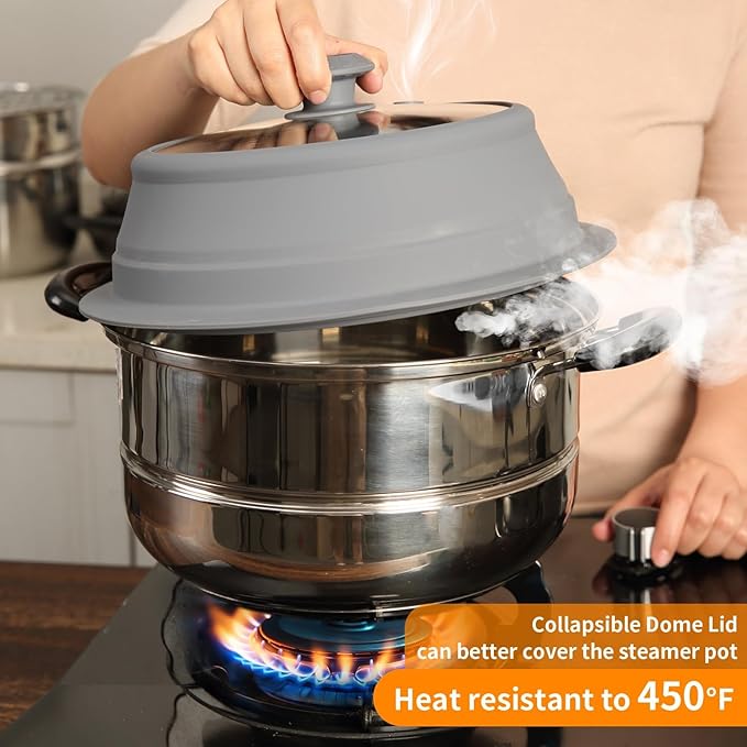 Collapsible Microwave Splatter Lid with Vented Tempered Glass Cover Wok Lid for Microwave Safe, Stockpot Steamer Pot Pan 11-12.5 inch Universal Multifunction Silicone Cover