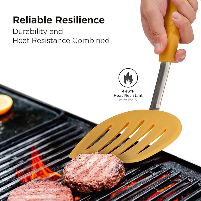 Kitchen Mama WaltzGrip Platinum Silicone Pancake Spatula Turner: Heat-Resistant, Slotted Tapered Head, Stainless Steel Core, Durable, Dishwasher-Safe, Ideal for Flipping and Wok Use (Yellow)