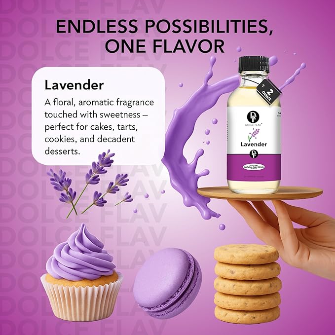 Dolce Flav Natural Lavender Extract – 2 Ounce Oil-Soluble Kosher, Sugar-Free, Concentrated Floral Lavender Flavoring for Baking, Chocolates & Desserts, Includes Measured Dropper