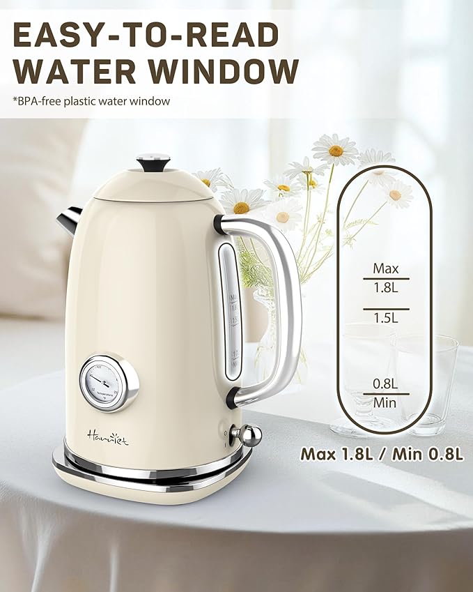 Harriet Electric Kettle, 1.8L Retro Electric Tea Kettle with Thermometer, 1500W Stainless Steel Hot Water Kettle Electric with LED Indicator, Fast Boiling, Cordless, Auto Shut-Off, Beige White