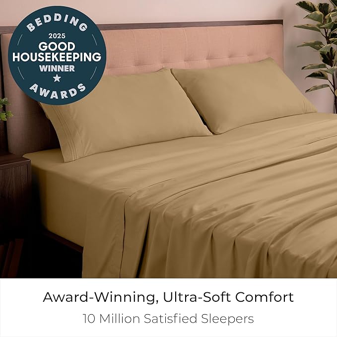 Mellanni King Sheets Set - 4 PC Iconic Collection Bedding - Hotel Luxury, Extra Soft, Cooling Bed Sheets - Wrinkle, Fade, Stain Resistant (King, Gold)