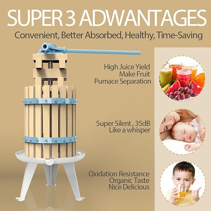 SQUEEZE master Fruit Apple Cider Wine Classic Press-Blue-1.6 Gallon/6L-Solid Wood Basket-Vintage traditional juicer-Pole Handle Bar for Juice,Wine,Cider-1 free filter bag included