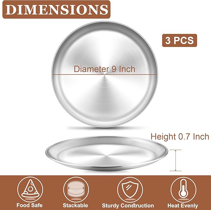 TeamFar Pizza Pan Set, 9 Inch Stainless Steel Round Pizza Trays, Metal Pizza Dish Plates for Oven Bakeware Baking Serving, Non-Toxic & Sturdy, Easy Clean & Dishwasher Safe, 3 PCS