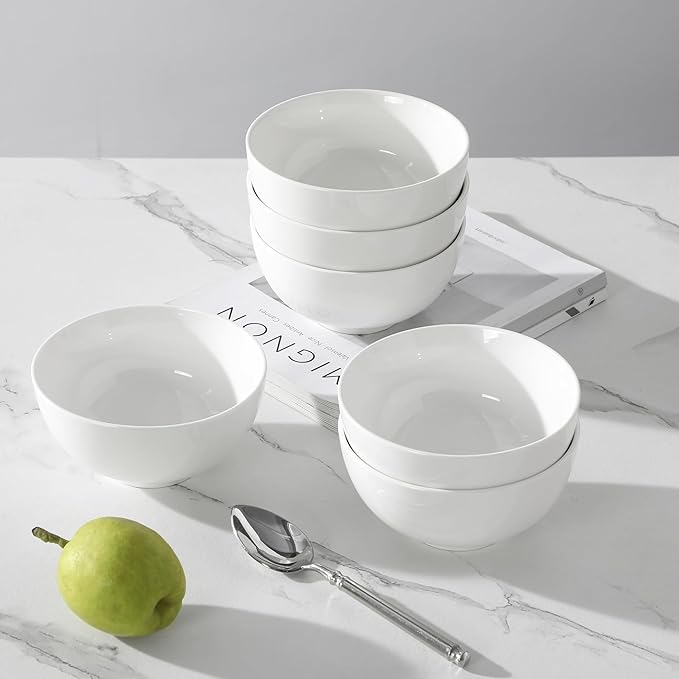 MALACASA 26 oz Porcelain Soup Bowls, White Ceramic Cereal Bowls for Kitchen 6 inch Bowls Set of 6 for Oatmeal Salad Fruit Rice Dishwasher and Microwave Safe, Series Regular