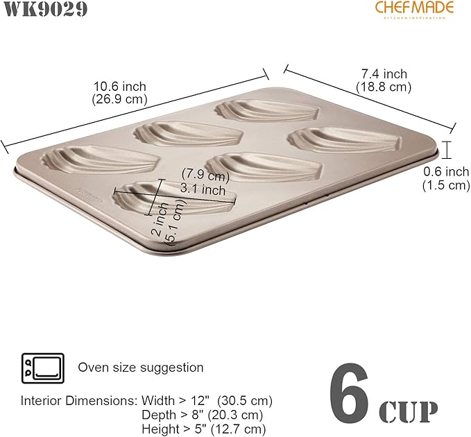 CHEFMADE Madeleine Mold Cake Pan, 6-Cavity Non-Stick Oval Shell Madeline Bakeware for Oven Baking (Champagne Gold)