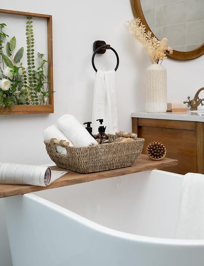 StorageWorks Hand-Woven Large Storage Baskets with Wooden Handles, Seagrass Wicker Baskets for Organizing, 2-Pack