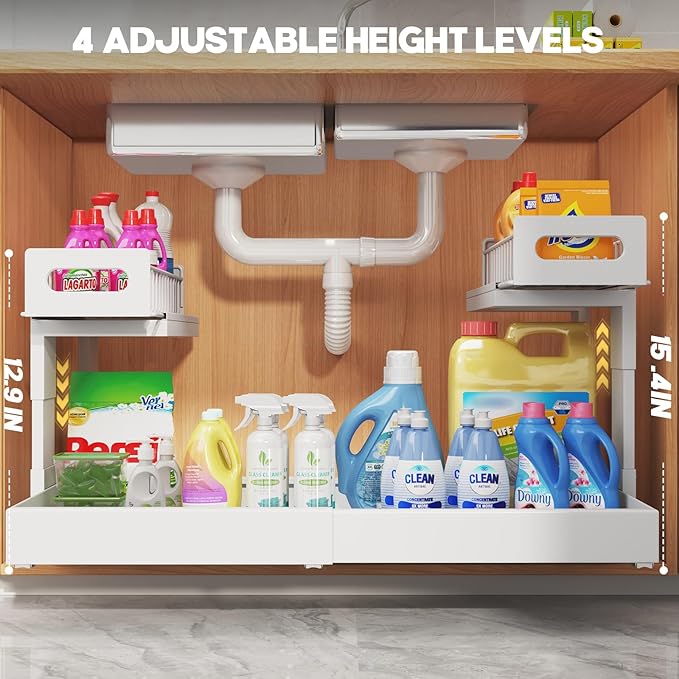 1 Pack-15.7"-25.7"W Expandable Under Sink Organizer With Upgrade Ball-Bearing Slide,2-Tier Pull Out Under Cabinet Organizer Height Adjustable,Not Suitable For Cabinets With Partitions In The Middle