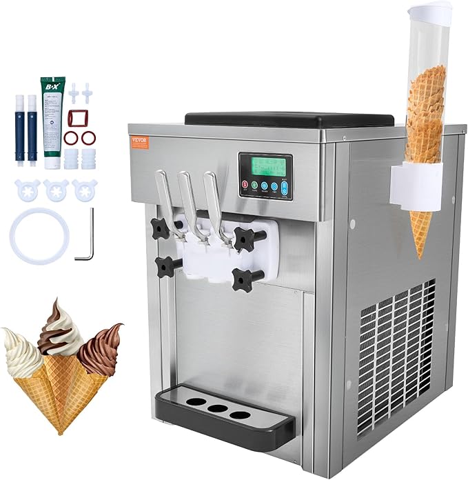 VEVOR Commercial Ice Cream Machine, 21 QT/H Yield, 1800W 3-Flavor Countertop Soft Serve Ice Cream Maker, 2 x 4L Hopper 2 x 1.8L Cylinder, LCD Panel Auto Clean Pre-cooling, for Restaurant Snack Bar