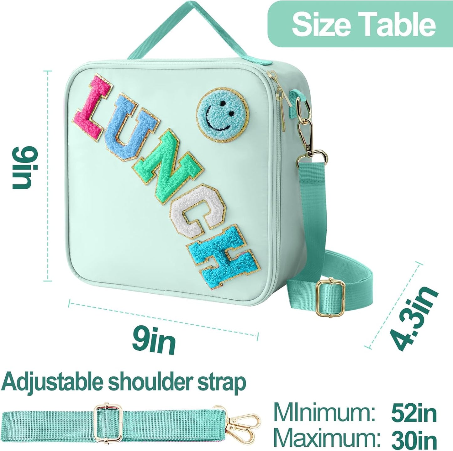 Insulated Lunch Bag With Adjustable Shoulder Strap, Nylon Preppy Lunch Box Large Insulated Lunch Bag Reusable Lunch Tote Bag with Smiley Preppy LunchBag for Girls School Travel Picnic (Green)