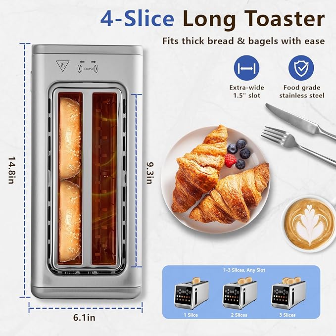 Smart Toaster 4 Slice, Touch Screen, Digital Toasters with 6 Browning Levels & 5 Bread Types, Bagel, Extra Long Wide Slots, Memory Function, Timer, 1400W, Stainless Steel