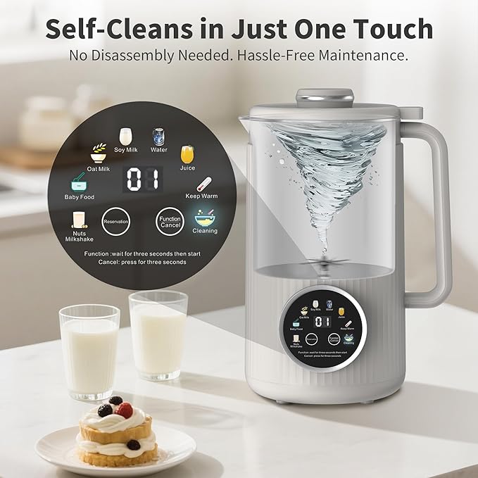 35oz Nut Milk Maker Machine: 8-in-1 Soy Milk Maker with Auto Clean & 20-Blade - Multi-Function Nut Milk Machine with Self-Cleaning, Auto Shutoff, for Vegan Drink (White)