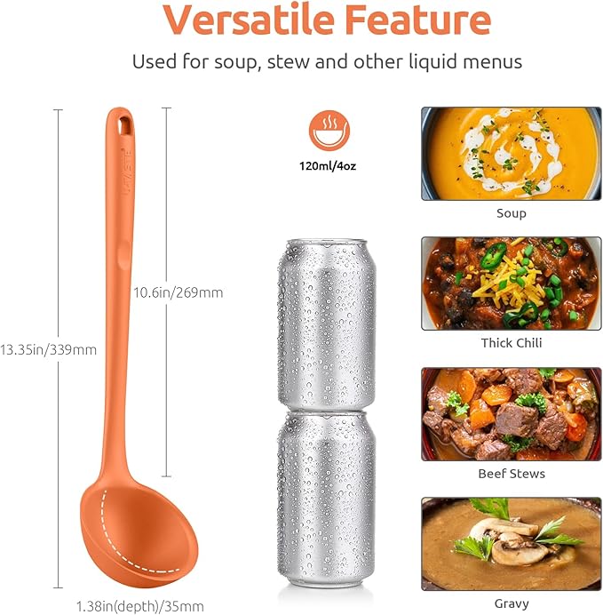 13 inch Silicone Soup Ladle: U-Taste 600ºF Heat Resistant 4 oz Large Non-stick Seamless Rubber Kitchen Deep Serving Spoon with Non-slip Solid Long Handle for Cooking Sauce/Stews/Gravies/Chili(Orange)
