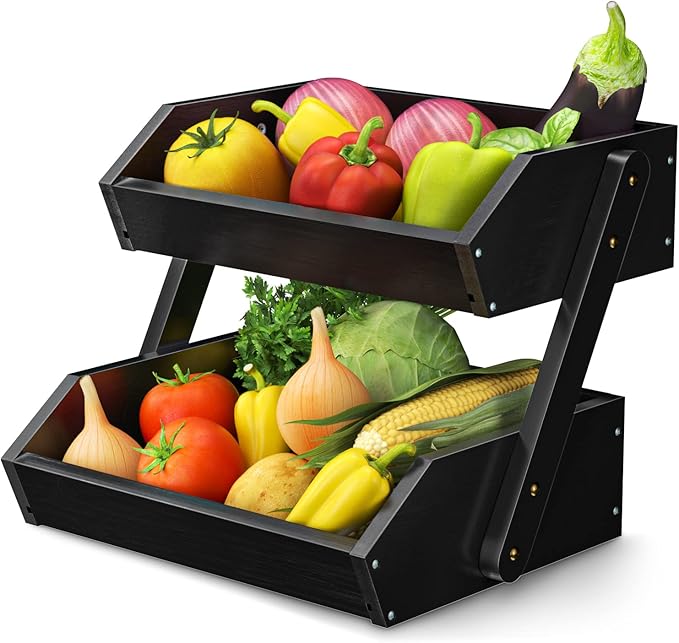 G.a HOMEFAVOR Fruit Basket for Kitchen, 2-Tier Fruit Bowl for Kitchen Counter, Vegetable Storage Stand for Fruit Shop, 15 mm Thickness (BLACK)