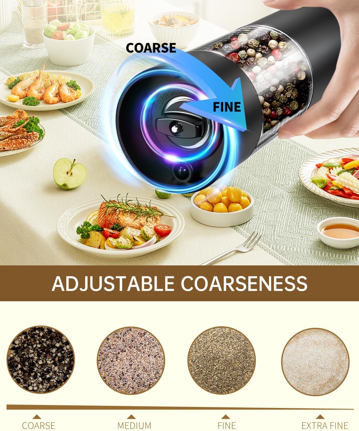 CIRCLE JOY Electric Salt and Pepper Grinder Set Rechargeable Salt and Pepper Mills with Storage Base, Adjustable Coarseness and LED White Light, Washable 95ml Container, Black & White