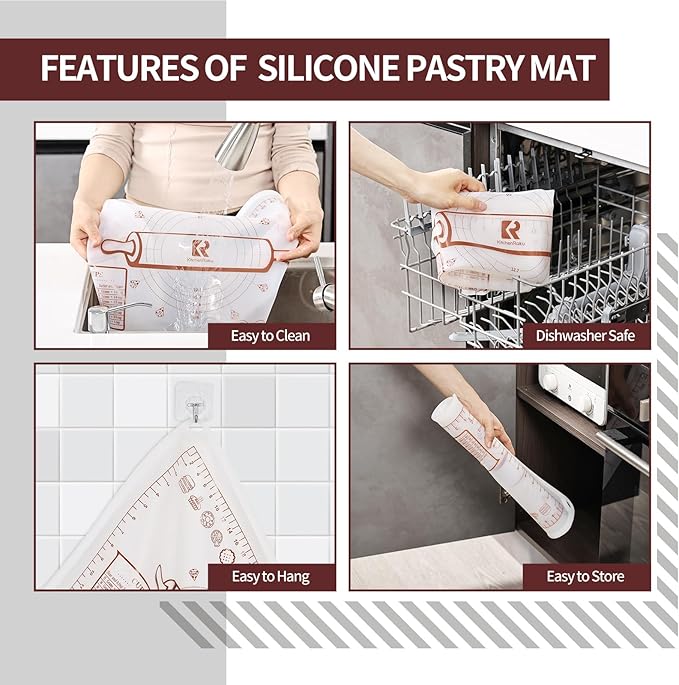 Silicone Baking Mat, Extra Thick Dough Rolling Pad with Measurements and Edge Heightening, Non-stick Food Grade Silicone Pastry Mat for Pastry, Bread, Cookies (Transparent, 20"L x 28"W)