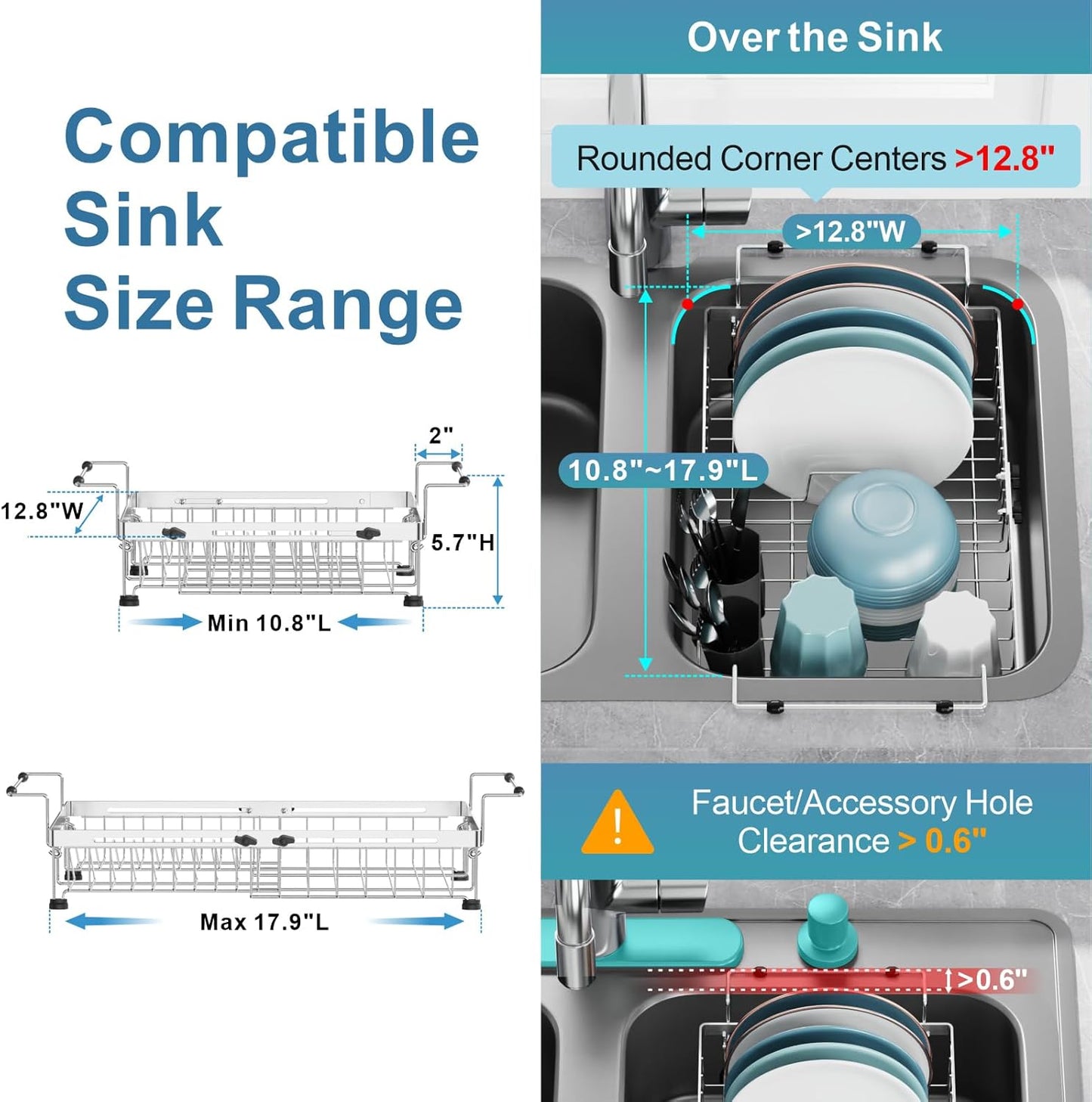 GSlife Stainless Steel Dish Drying Rack - Capacity Expandable in Sink Dish Drainer with Silicone Mat, Over Sink Dish Rack with Utensil Holder for Kitchen Counter, 10.8"-17.9" L x 12.8" W, Silver